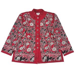 Chicos Reversible Jacket Womens Size XL / 3 Red Floral Quilted Asian Mandarin